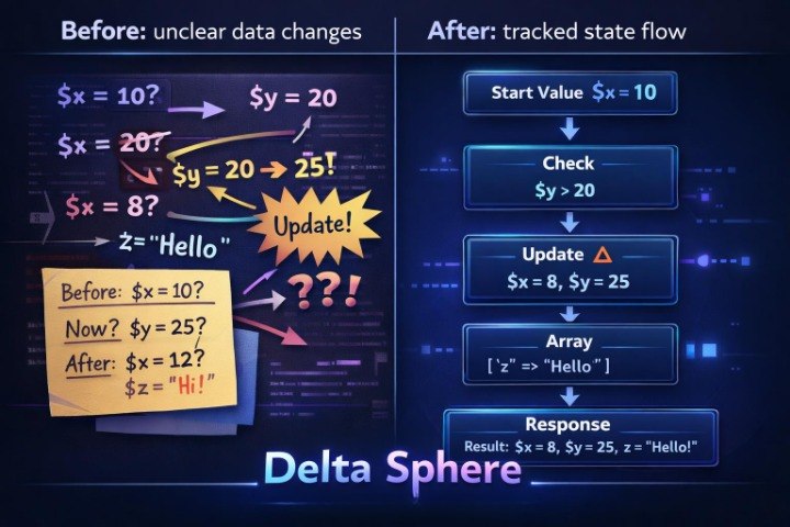 A digital infographic titled 'Delta Sphere' explaining state flow and tracking changes, with a dark blue background, flowchart boxes, and a yellow sticky note showing before/after comparisons.