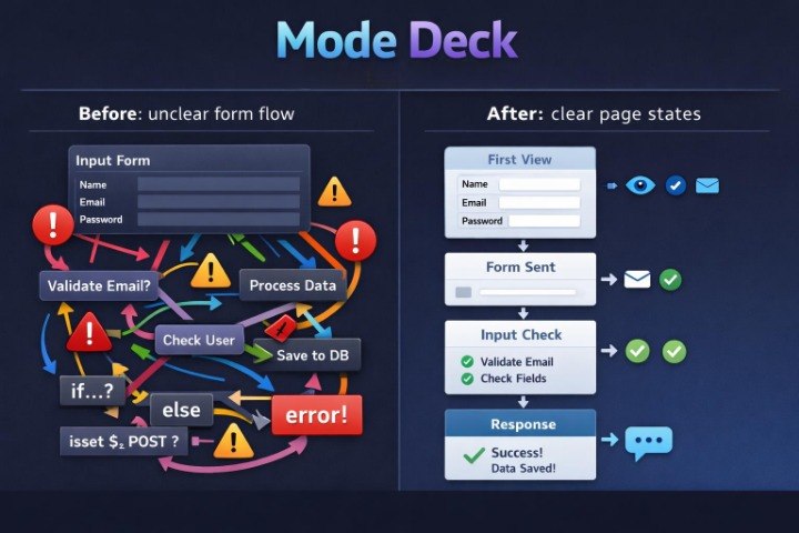 A digital flowchart titled 'Mode Deck' on a dark blue background, showing a before-and-after comparison of a form submission process. The left side, labeled 'Before: unclear form flow,' contains tangled multicolored arrows, warning icons, and red error markers.