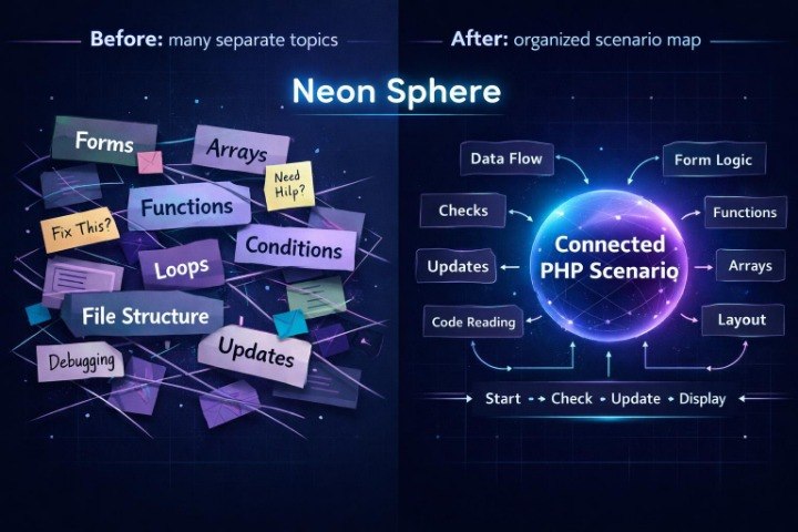 A digital infographic titled 'Neon Sphere' with a central glowing blue and purple 'Connected PHP Scenario' orb, surrounded by labeled knowledge boxes and arrows on a dark background.