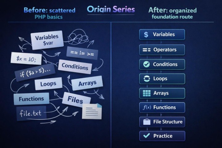 A dark blue educational infographic comparing a 'Before' state of scattered PHP basics with an 'After' state of an organized foundation route. The left side shows loosely connected labels like Variables, Svars, Conditions, Loops, Arrays, Functions, and Files.