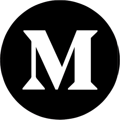 Black circle with a white 'M' in the center