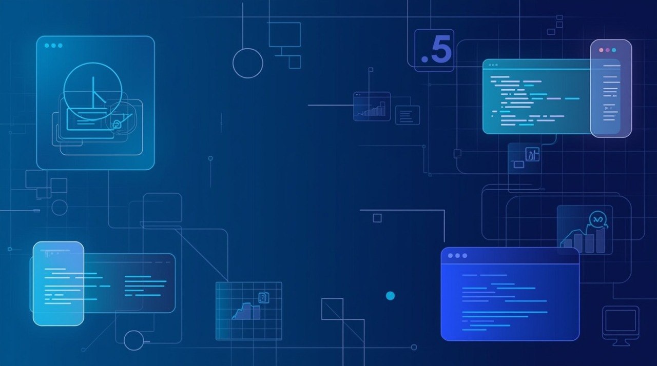 Abstract digital background with floating translucent UI panels, charts, and code blocks in shades of blue and cyan on a dark navy backdrop.