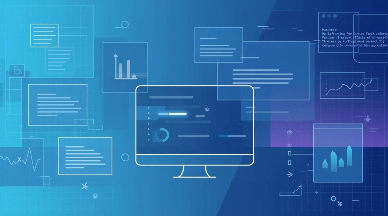 Digital illustration of a computer monitor centered on a blue and purple gradient background, surrounded by floating UI panels, charts, graphs, and document icons.