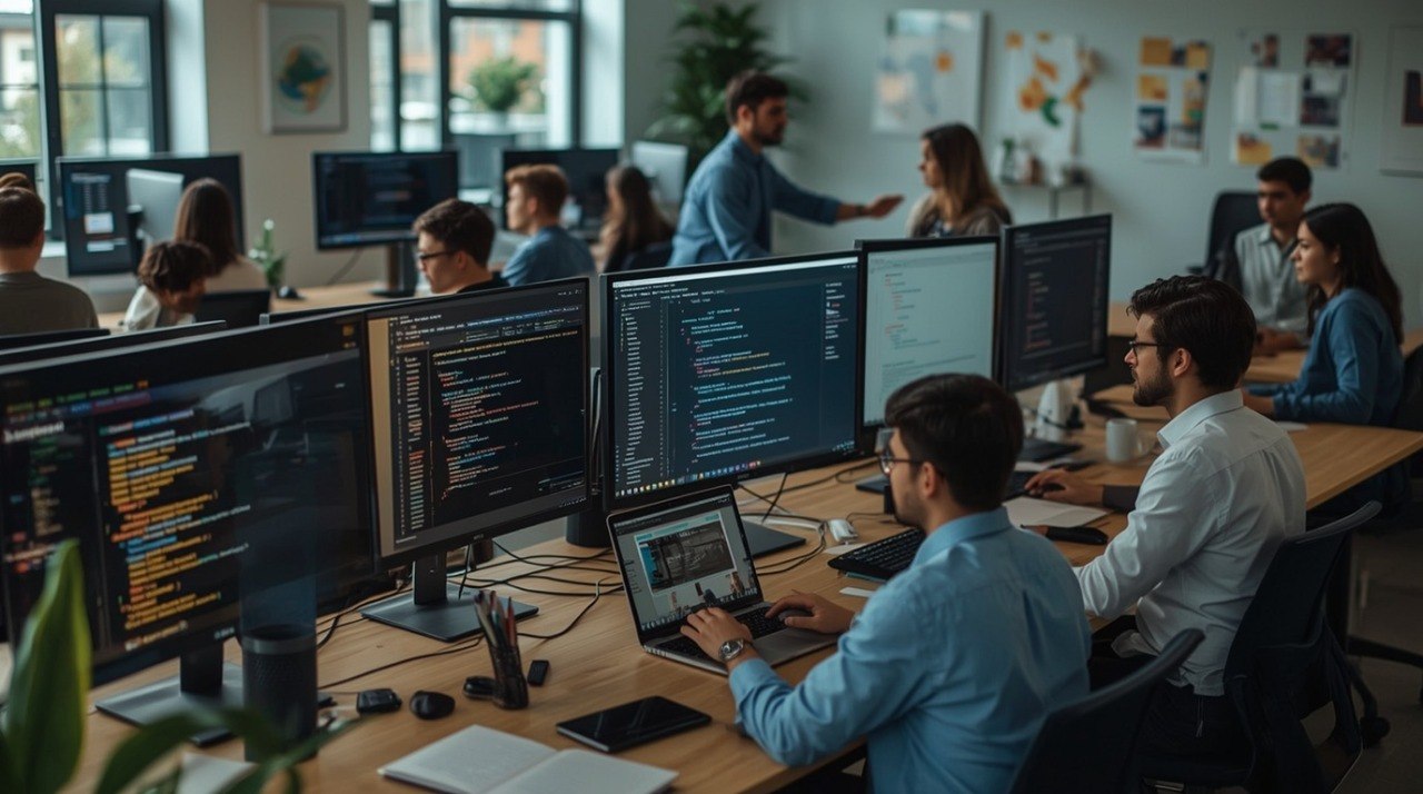 A modern office workspace with several developers seated at desks, using laptops and multi-monitor computer setups with code visible on the screens.