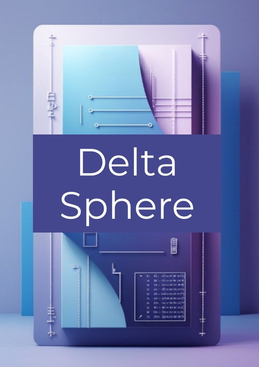 A stylized digital cover or poster reading 'Delta Sphere' in white text over a blue-purple banner, with abstract geometric panels in light blue, lavender, and dark blue behind it.