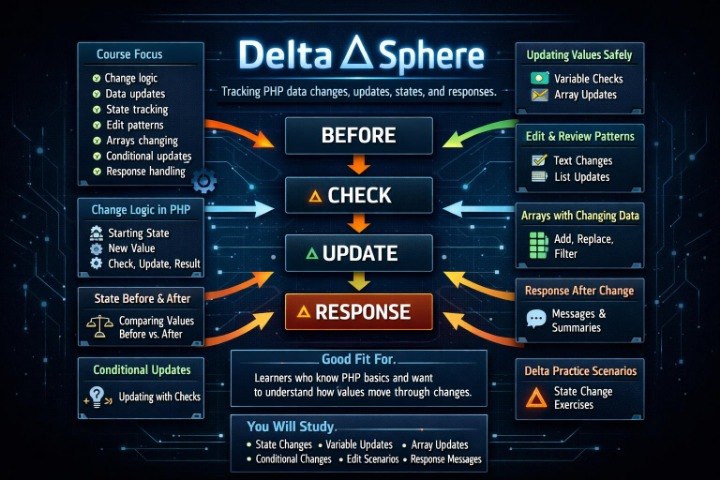 An educational infographic titled 'Delta Sphere' explaining PHP state management (Before, Check, Update, Response) with diagrams, icons, and text on a dark blue circuit-board background.