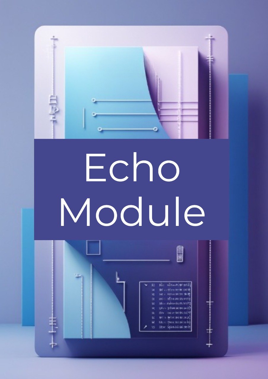 A stylized digital product graphic for an 'Echo Module' featuring a futuristic electronic device with abstract blue, purple, and lavender panels, set against a matching blue and purple background.