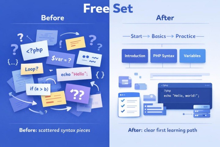 A blue and light-blue educational comparison graphic titled 'Free Set' showing a 'Before' section with scattered PHP syntax cards and an 'After' section with a clear learning path from basics to practice.