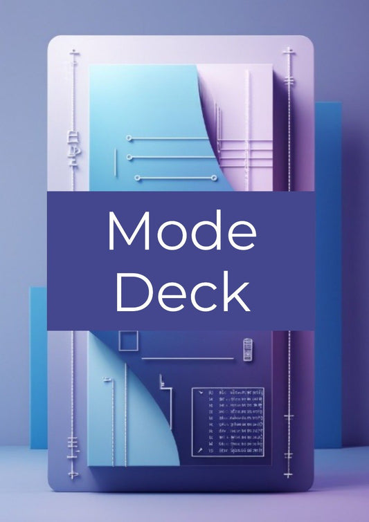 A stylized digital cover or poster reading 'Mode Deck' in white text over a blue-purple banner, with abstract geometric panels in light blue, lavender, and dark blue behind it.
