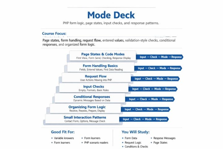 A digital flowchart titled 'Mode Deck' on a dark blue background, showing a before-and-after comparison of a form submission process. The left side, labeled 'Before: unclear form flow,' contains tangled multicolored arrows, warning icons, and red error markers.