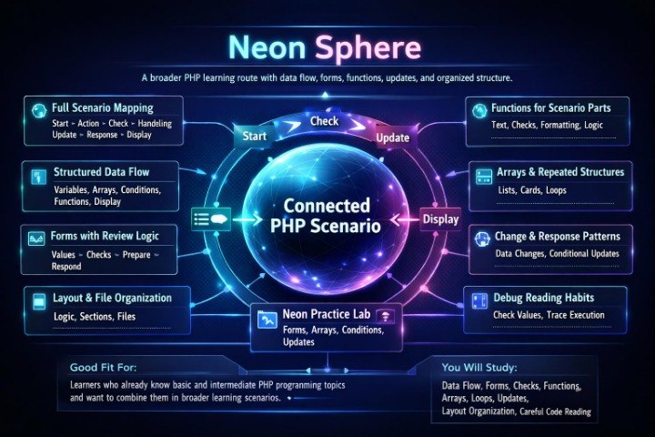 A digital infographic titled 'Neon Sphere' with a central glowing blue and purple 'Connected PHP Scenario' orb, surrounded by labeled knowledge boxes and arrows on a dark background.