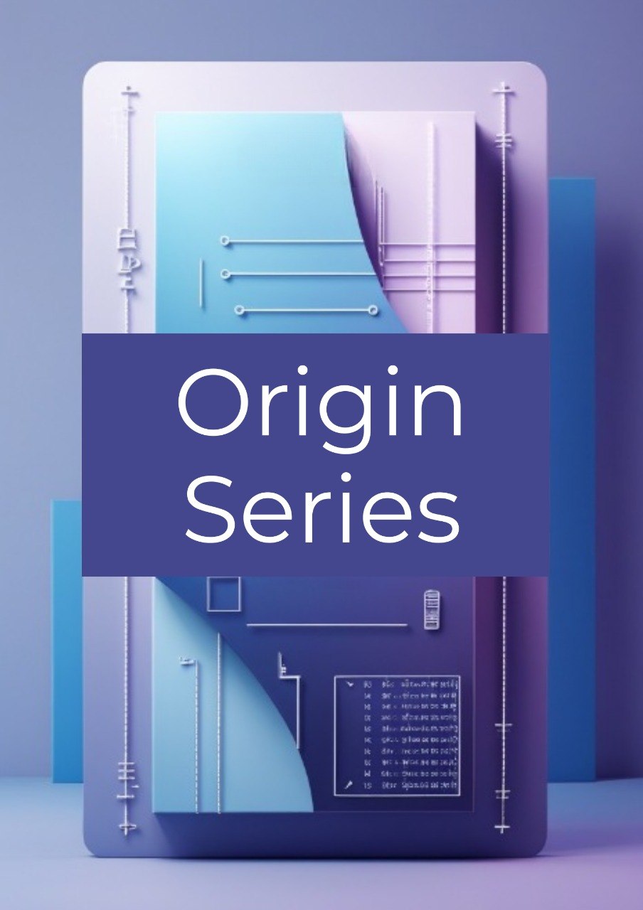 A stylized product cover or packaging panel with the text 'Origin Series' in white on a dark purple band, set against an abstract geometric background in blue, lavender, and purple tones.