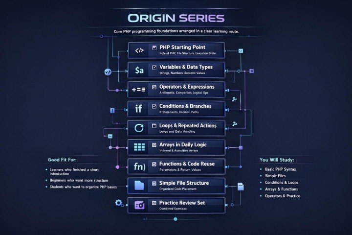 A dark blue and black flowchart titled 'ORIGIN SERIES' showing a step-by-step PHP programming curriculum with boxes for PHP Starting Point, Variables & Data Types, Operators & Expressions, Conditions & Branches, Loops & Repeated Actions, Arrays in Daily Logic, Functions & Code Reuse, Simple File Structure, and Practice Review Set, plus fit and study notes.