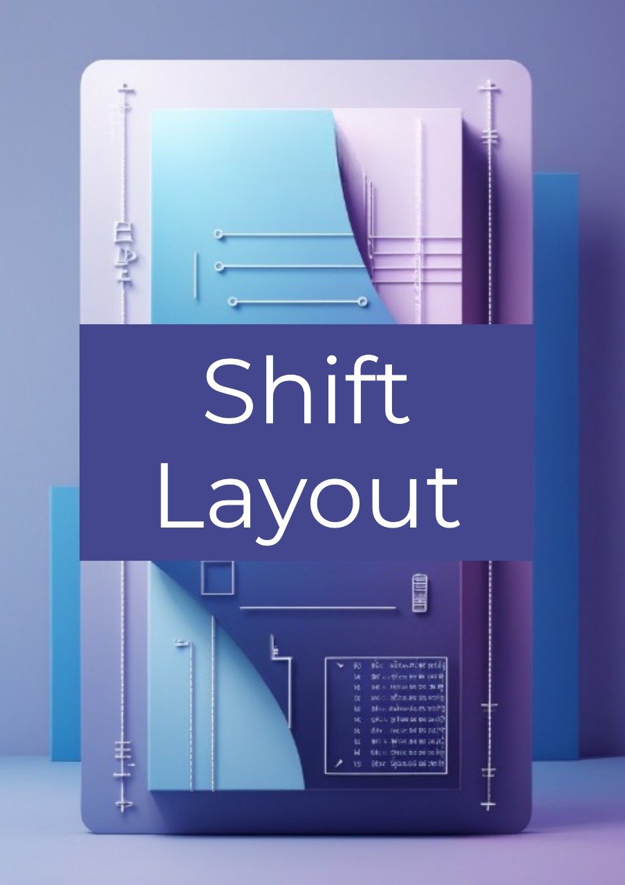 A stylized digital cover or poster reading 'Shift Layout' in white text over a blue-purple band, with abstract geometric panels in light blue, lavender, and dark blue behind it.
