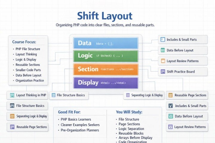 An infographic titled 'Shift Layout' explaining how to organize PHP code into clear files, sections, and reusable parts. The central diagram features colored blocks for Data, Logic, Section, and Display, surrounded by text boxes detailing course focus, layout thinking, file structure basics, and good fit for PHP basics learners.