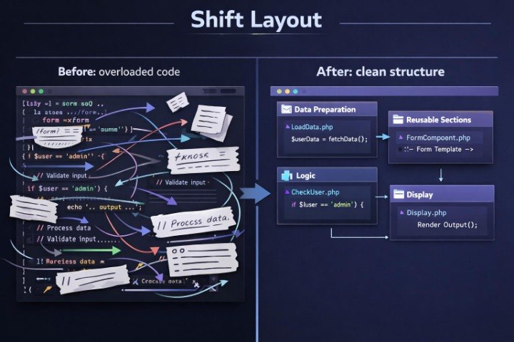 A presentation slide titled 'Shift Layout' showing a before-and-after software architecture comparison. The left panel, labeled 'Before: overloaded code,' features a cluttered flowchart with code snippets, arrows, and sticky notes on a dark background.
