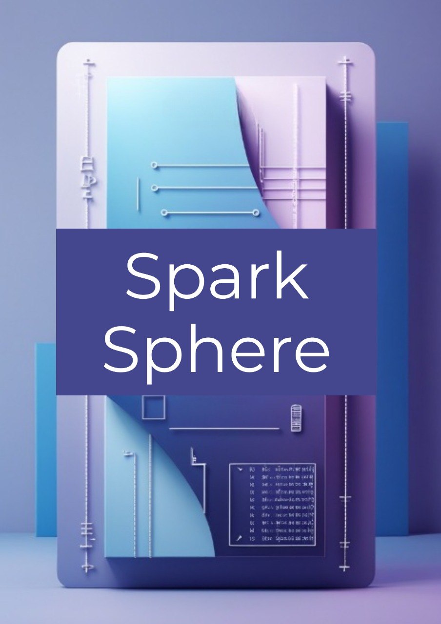 A stylized digital cover or poster for 'Spark Sphere' featuring abstract geometric shapes in shades of blue, purple, and lavender, with the title in large white text across a dark purple banner.