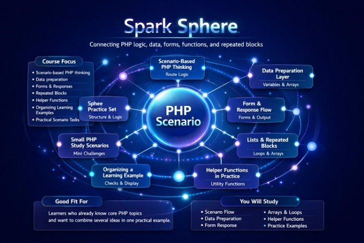 An infographic diagram titled 'Spark Sphere' explaining how to connect PHP logic, data, forms, functions, and repeated blocks. The central blue sphere reads 'PHP Scenario' surrounded by various labeled nodes such as 'Course Focus', 'Data Preparation Layer', 'Form & Response Flow', and 'Lists & Repeated Blocks' on a dark blue background.