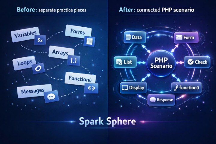 A digital infographic comparing PHP practice teaching methods, labeled 'Before' and 'After' with the heading 'Spark Sphere'. The left side shows disconnected practice elements like variables, forms, loops, and messages.