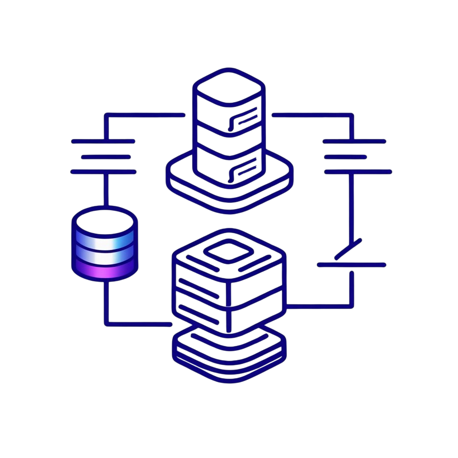 A minimalist vector illustration of a computer network or database system, featuring server racks and a database cylinder connected by lines, rendered in dark blue outlines with a purple gradient on the database cylinder, set against a solid white background.