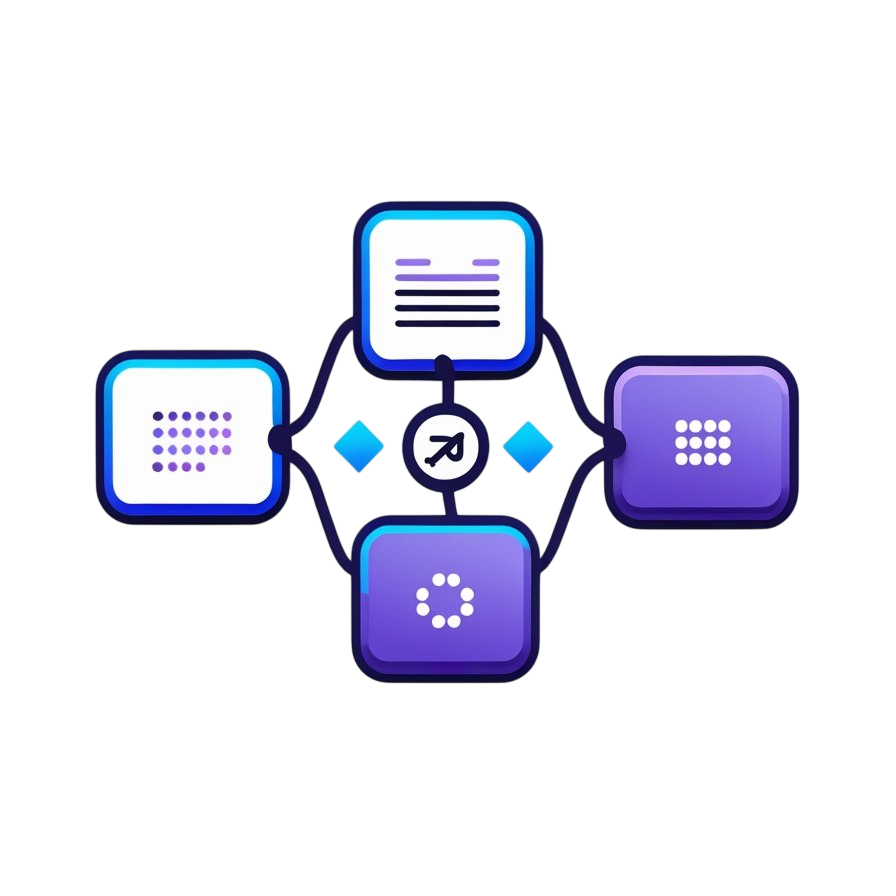 A minimalist vector illustration of a computer network or database system, featuring server racks and a database cylinder connected by lines, rendered in dark blue outlines with a purple gradient on the database cylinder, set against a solid white background.