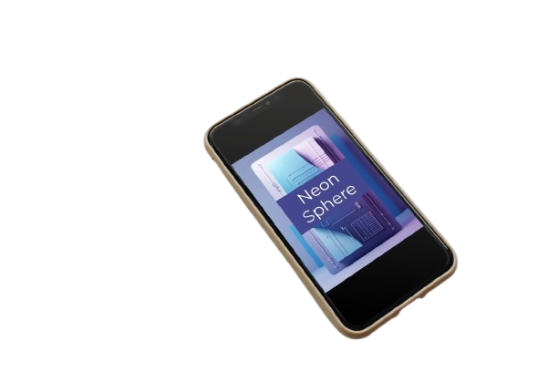 A black phone sits on a striped fabric surface next to a white mug, with a screen displaying a purple and blue graphic that reads 'Neon Sphere'.