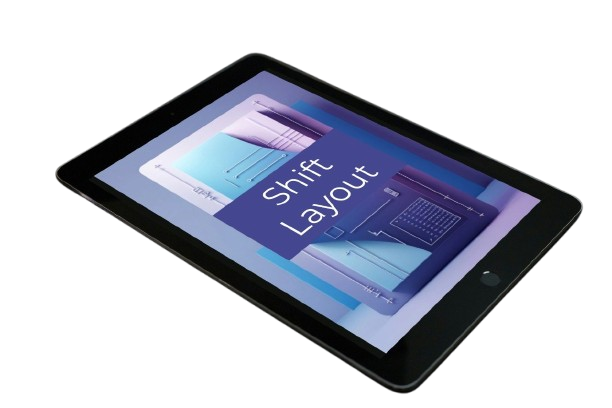 A black tablet device shown at an angle on a plain white background, with its screen on displaying a blue and purple interface and the words 'Shift Layout'.
